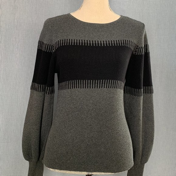 Vince Camuto Cotton Jumper / Grey & Black Sweater / Bell Sleeve Sweater / 2000's - Picture 1 of 5